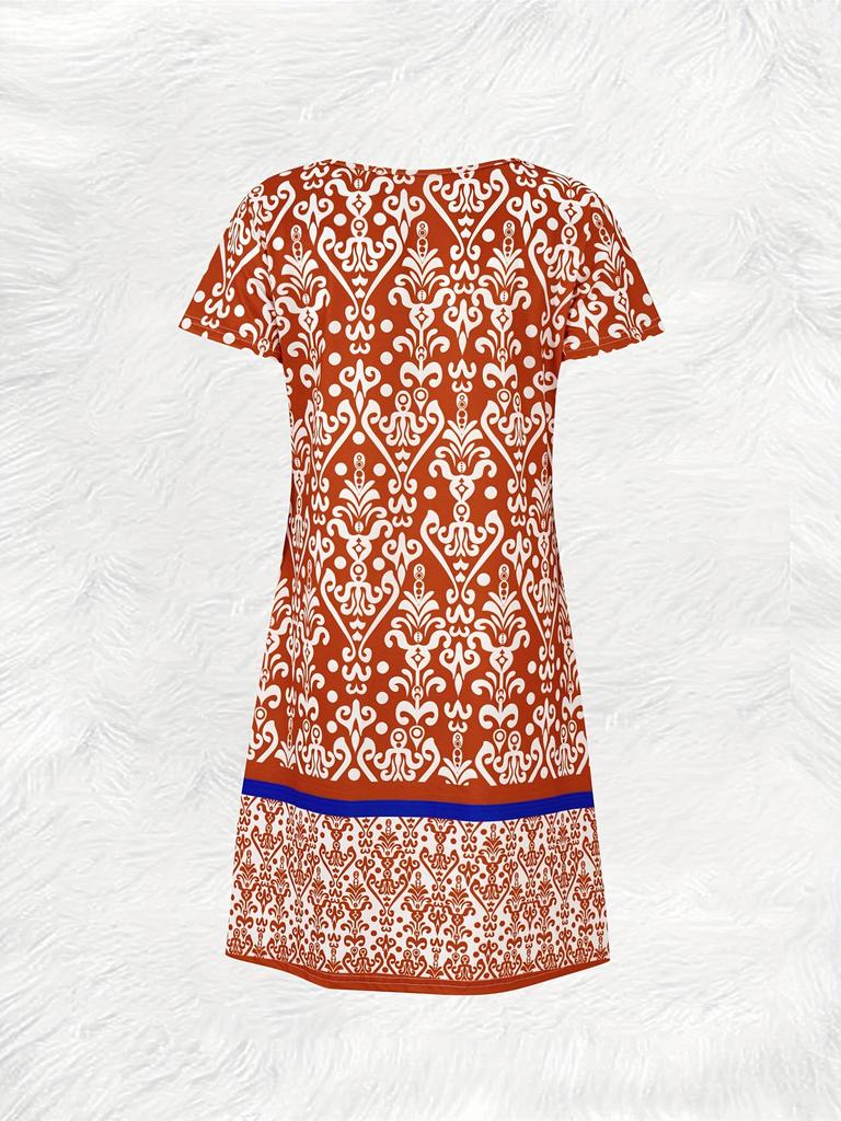 Summer Women V Neck Short Sleeve Dress Red White Tribal Print Blue Stripe Casual Loose Fit A Line Dress Beach Vacation Outfit