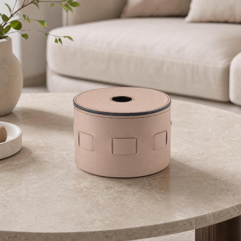 Half-PU Leather Tissue Box Versatile Cylindrical Tabletop
