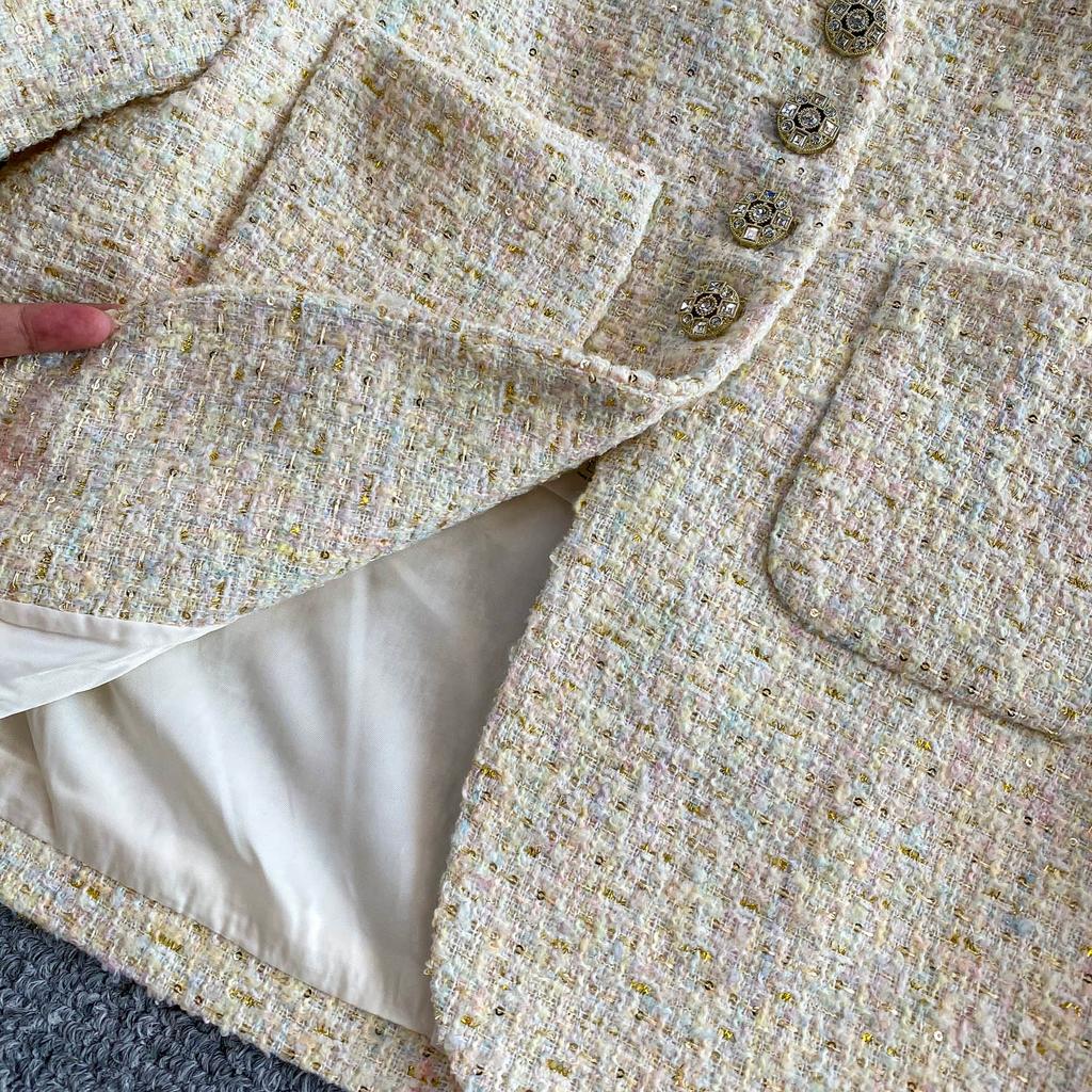 Autumn Winter Women Elegant Little Fragrant Wind Full Sleeve Single Breasted Tweed Short Jacket Coat With Pocket