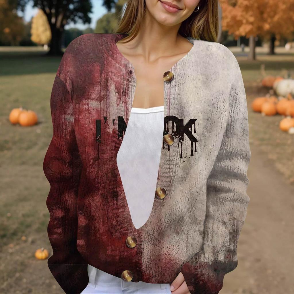 Women's Fashion Printed Long Sleeve Knitted Cardigan Button Down Jacket