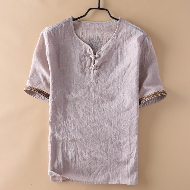 Men Chinese Style Vintage Printed Cotton Linen T Shirt Summer Male Casual V Neck Short Sleeve Breathable Tops Ropa Hombre M-5XL