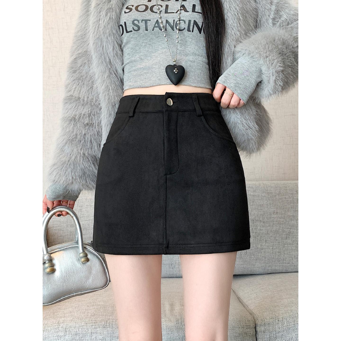 Plus Size Brown Suede A-line High Waist Slimming Skirt for Women, Spring/Autumn L