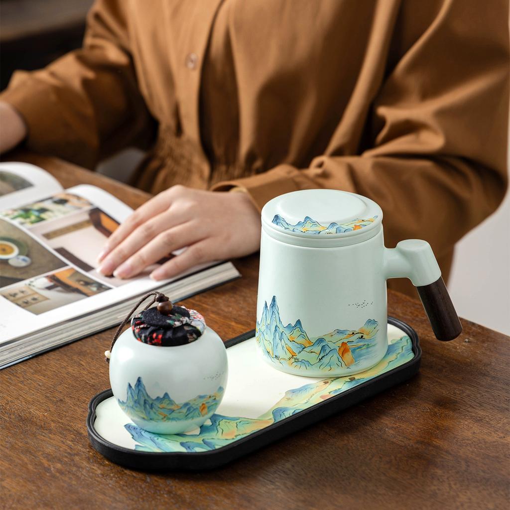 Thousand Miles of Jiangshan Travel Tea Set with Tea Separation Mug Chinese Souvenir Portable Bag