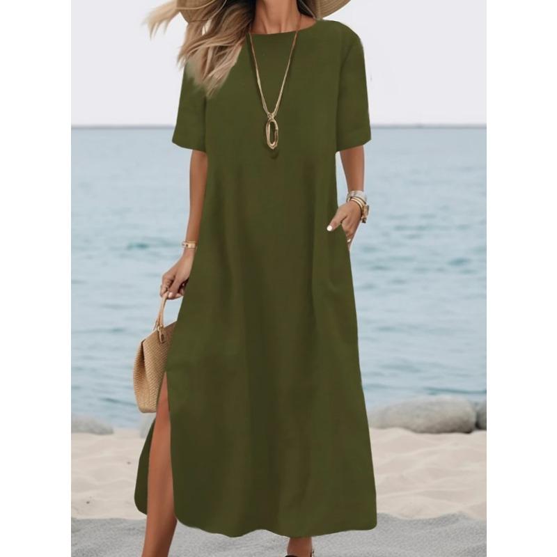 JPNTKY Women's Fashion Summer Spring Solid Color Print O-Neck Short Sleeve Casual Dresses