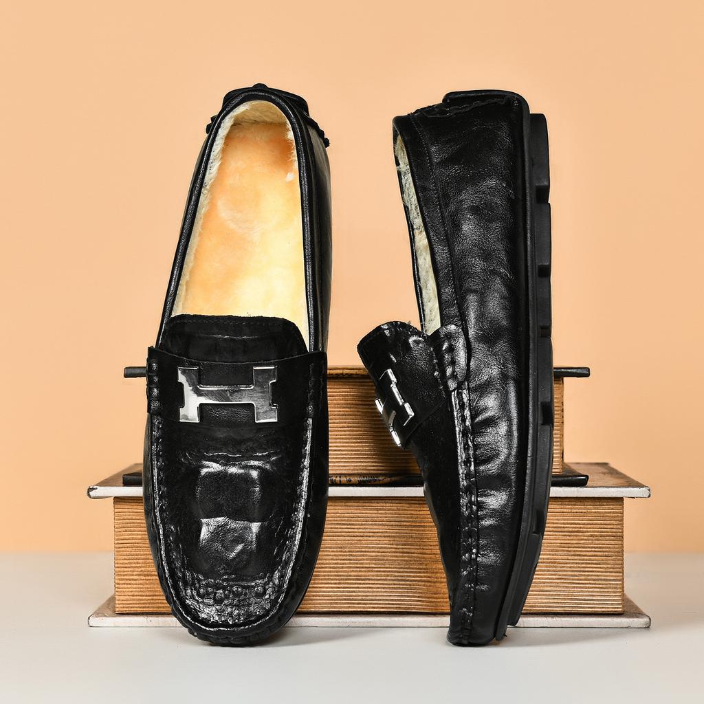 Winter warm velvet beanie shoes crocodile pattern lazy driving shoes British casual men's leather shoes genuine leather cowhide cotton shoes