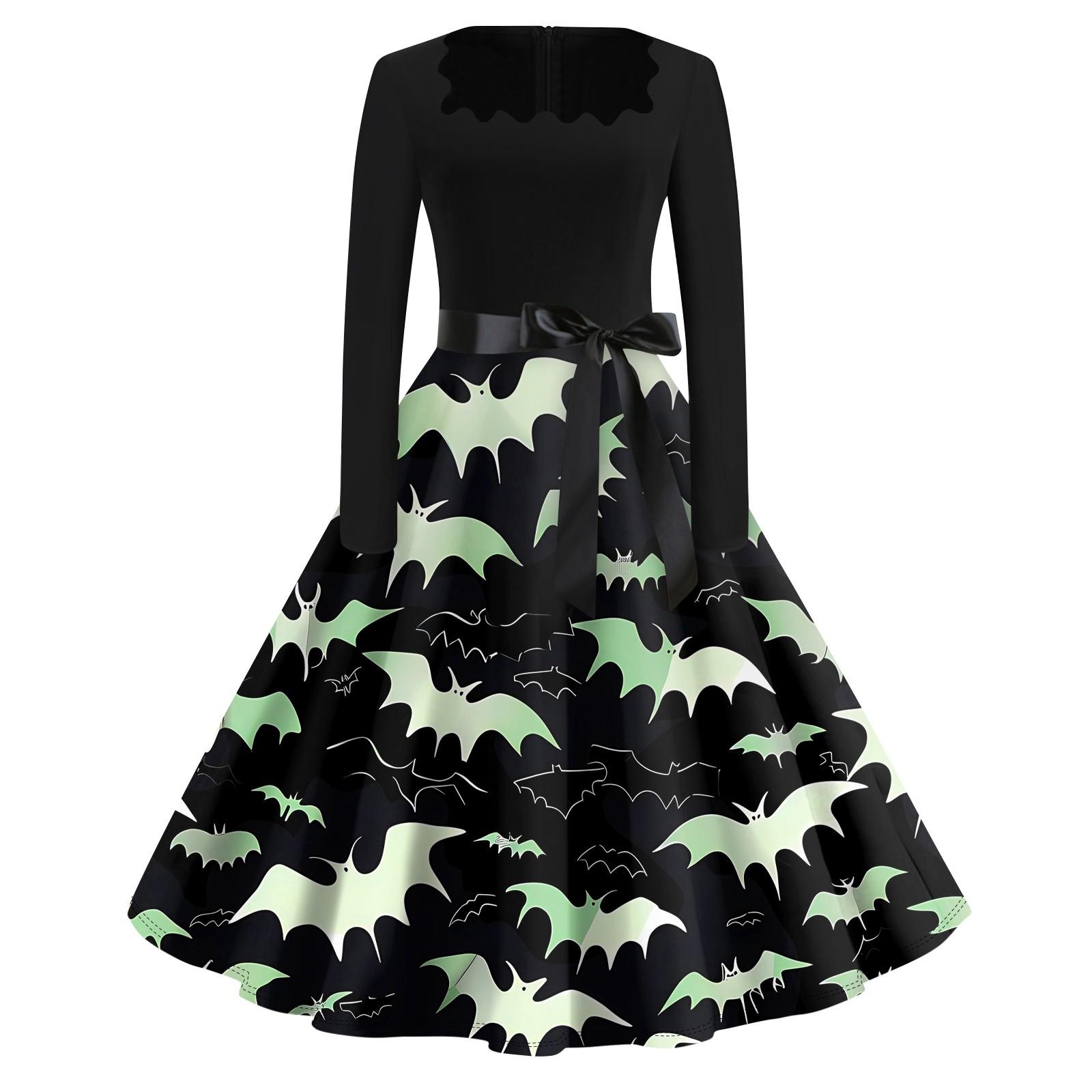 

Платье с расклешенным принтом на Хэллоуин для женщин, платье с длинным рукавом, полые вечерние повседневные платья M