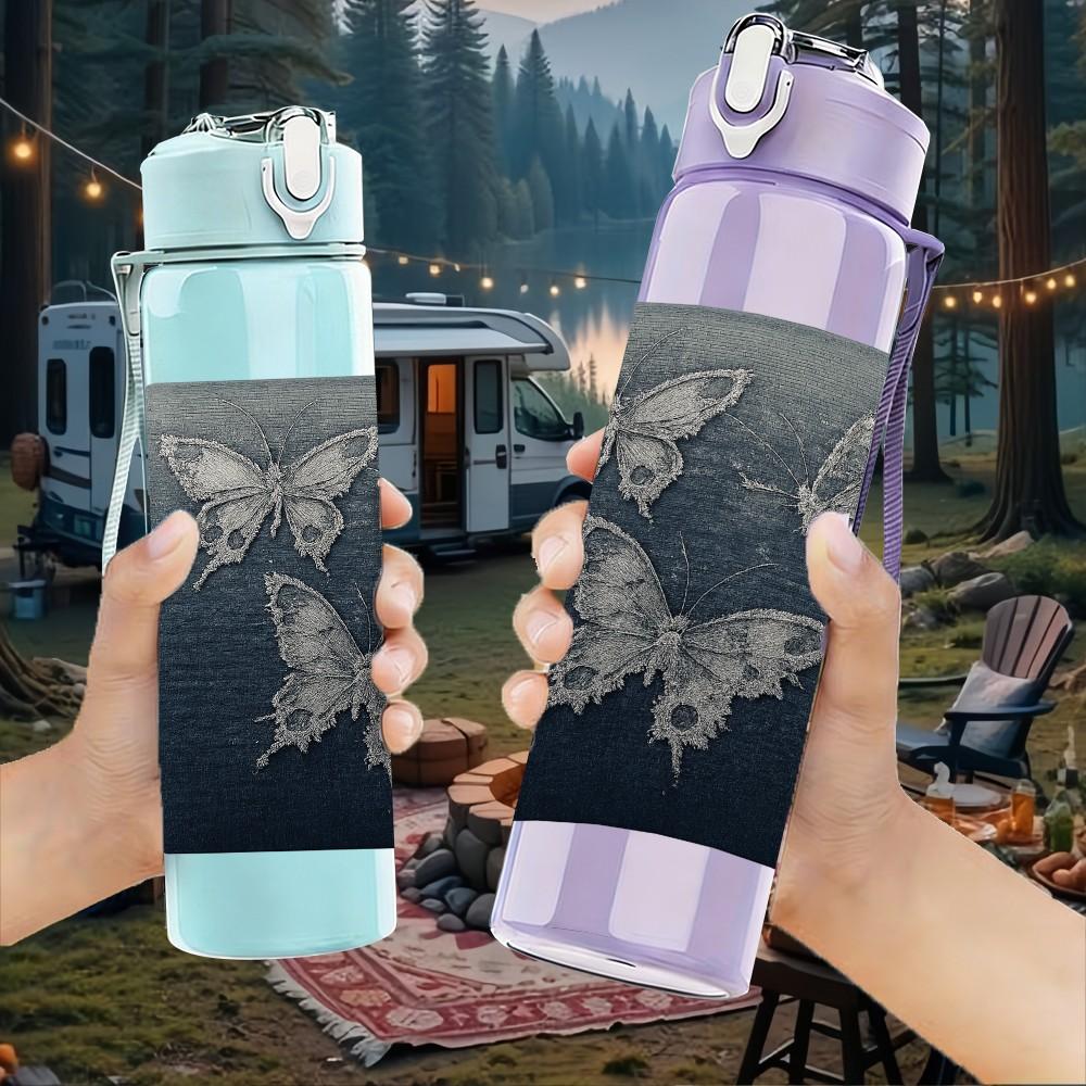 1PC Dark Board Butterfly Etching Art 750ml Color Plastic Sports Water Bottle Leakproof Flip Straw Lid For Sports Office Home Use
