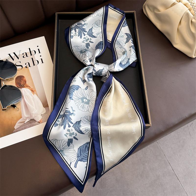 Literary flower printing double-layer scarf decorative silk scarf commuting spring and summer diagonal hair scarf versatile thin streamer