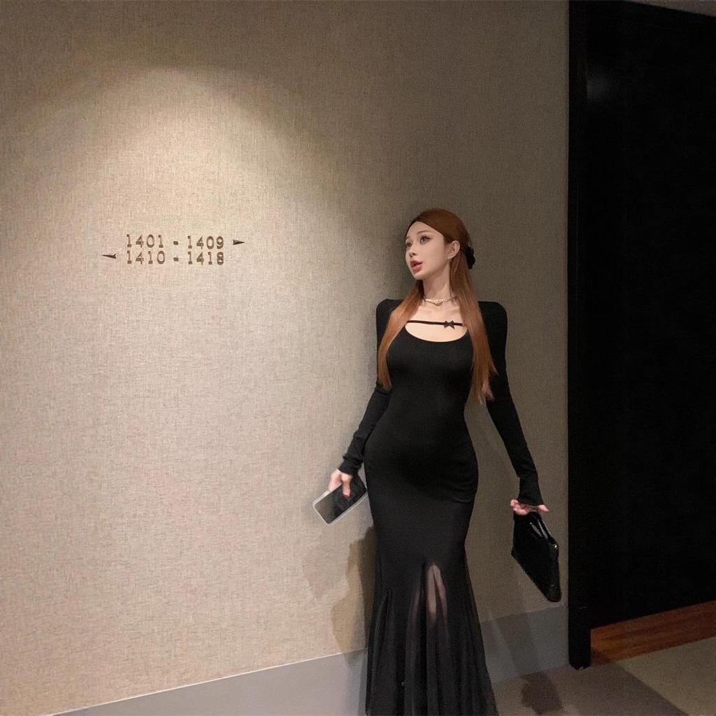 Elegant Plus Size French Style Black Mesh Fishtail Dress with Inner Long Skirt