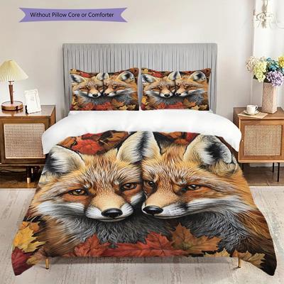 Ensemble de couette à motif renard Housse de couette Taie d'oreiller Décoration de maison Cadeau d'anniversaire (1 housse de couette + 2 taies d'oreiller, sans garniture.)
