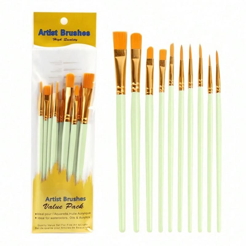 10pcs 2025 New Plastic Handle 10 Pieces Painting Brush Set, Hand Painting, Art Brushes Set / Slight Glue Overflow Is Inevitable