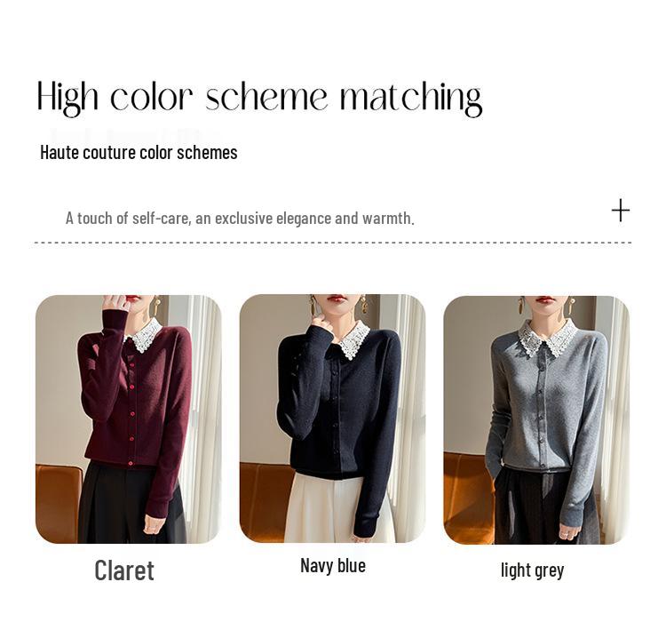 Lace Collar Color Block Patchwork Wool Knit Slim Fit Cardigan for Autumn/Winter