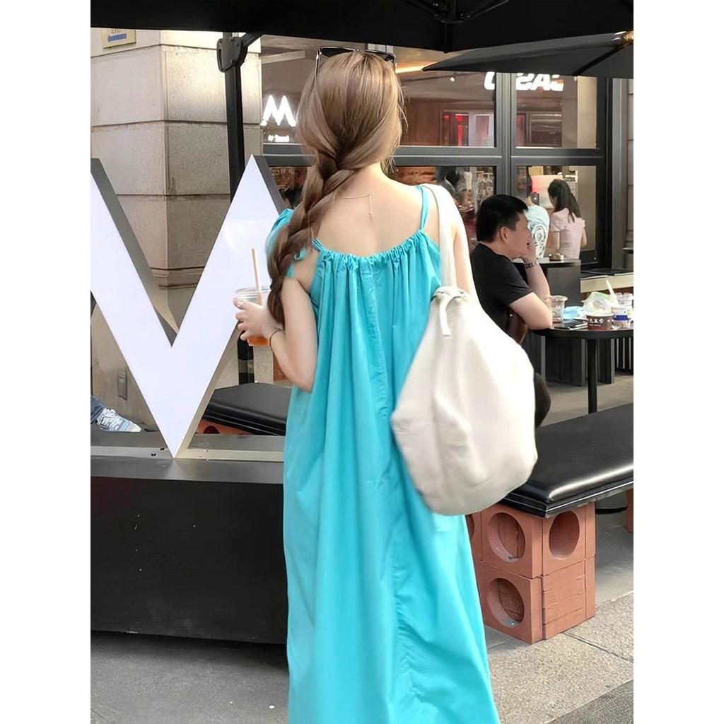 New holiday style lace-up suspender dress women's summer loose and thin A-shaped skirt blue medium and long skirt
