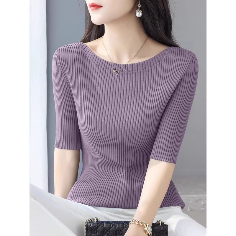 

off-Shoulder Classy Half Sleeve Base Top Sweater Clove purple M([Recommended 50.00 kg-55.00 kg]])