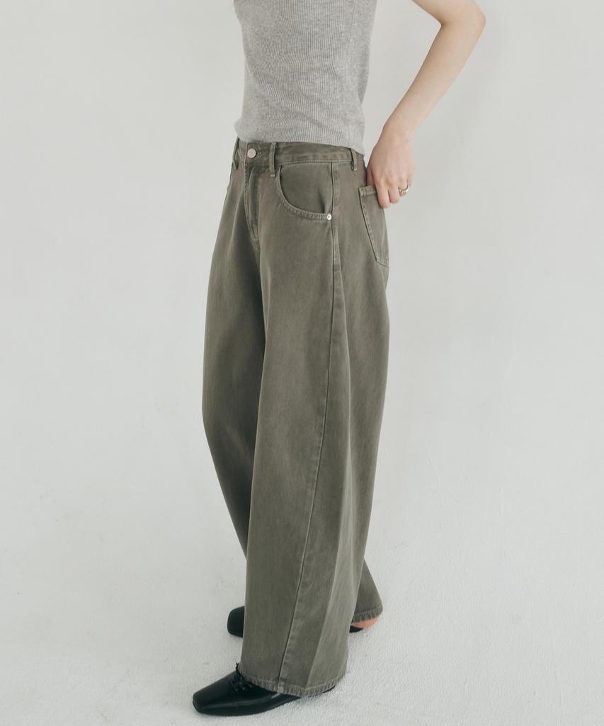 LOSSYROW Curved Wide Denim Pants Khaki