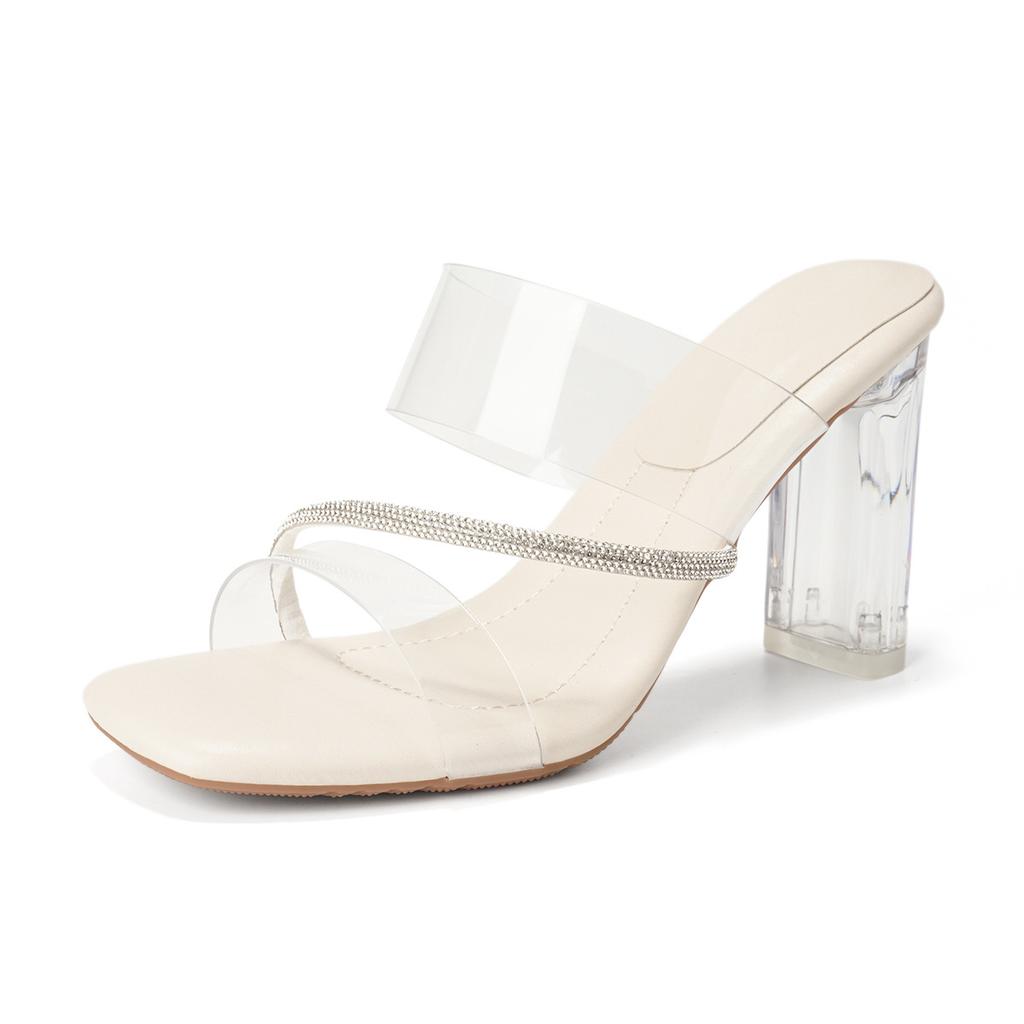 High-heeled sandals women's summer not tired feet Internet celebrities rhinestone transparent crystal cool slippers outside