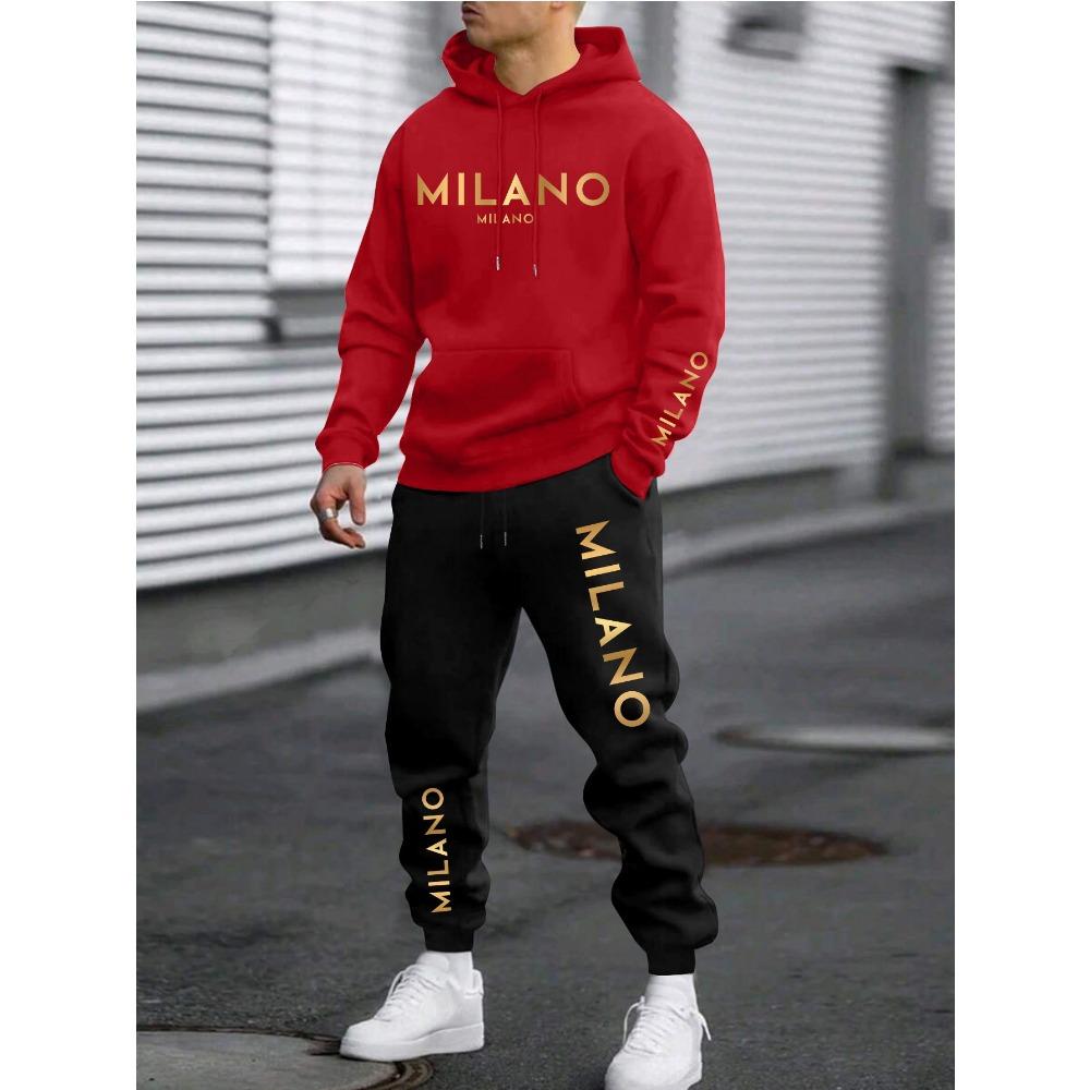 Men's Vacation Style Printed Sportswear and Pants Set, Casual Sportswear Drawstring Pants Set, Autumn and Winter Men's Outdoor 2 Piece Set