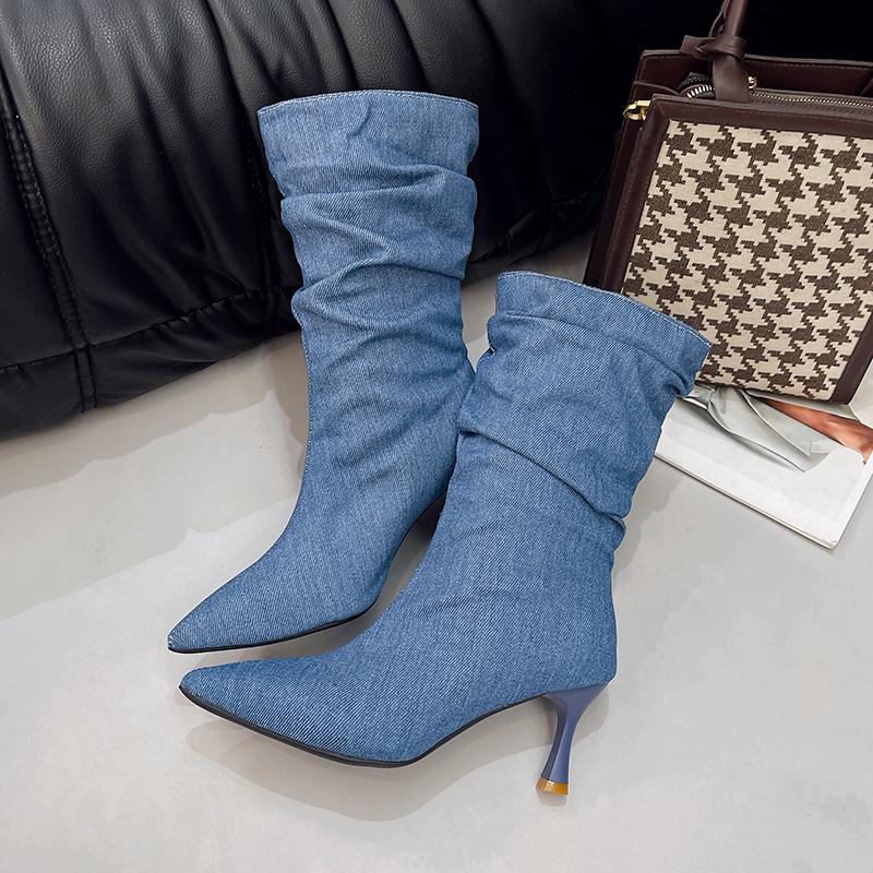 New Designer Denim Pointed Toe Pleated Special-Shaped Heel Boots Woman Spring Autumn 2025 High Heel Boots Fashion Shoe
