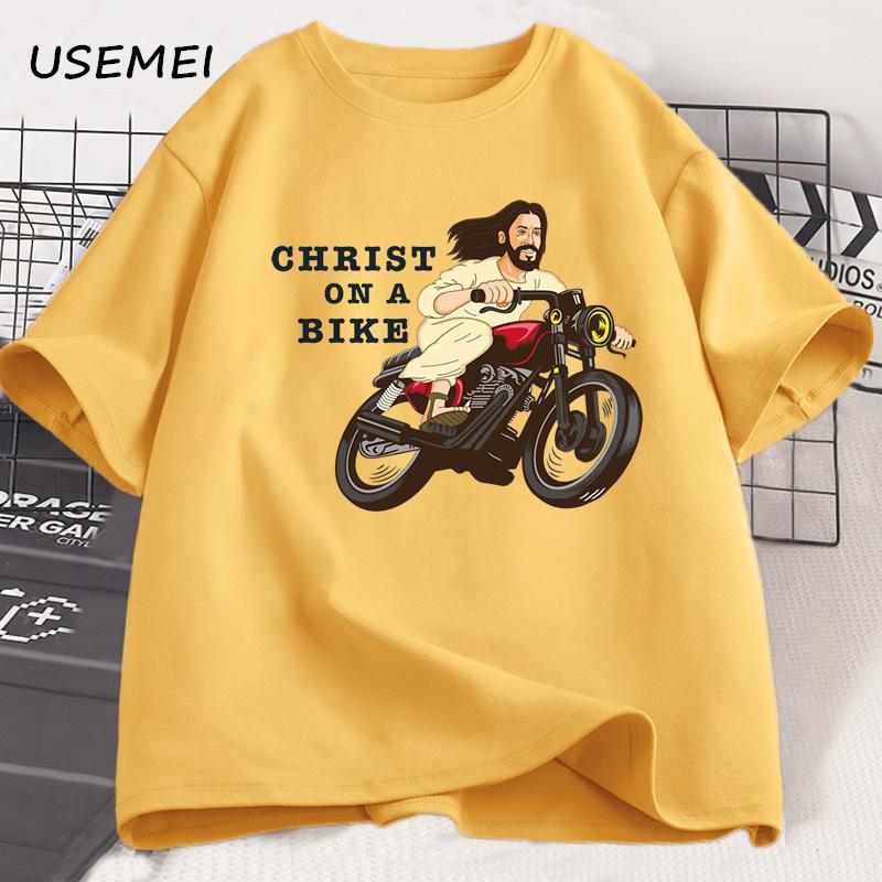 Christ auf einem Motorrad T-Shirt Lustig Religiös Herr Jesus Kirchengruppe Ostern T-Shirt Unisex Damen Baumwolle Kurzarm T-Shirt