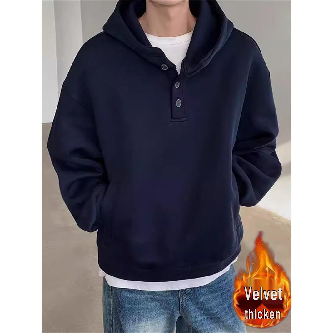 

Unisex 8XL Heavyweight 400g Button-Up Hoodie, Velvet-Lined, Long Sleeve, Henley Collar, Loose Fit for Casual Wear 3XL чорний