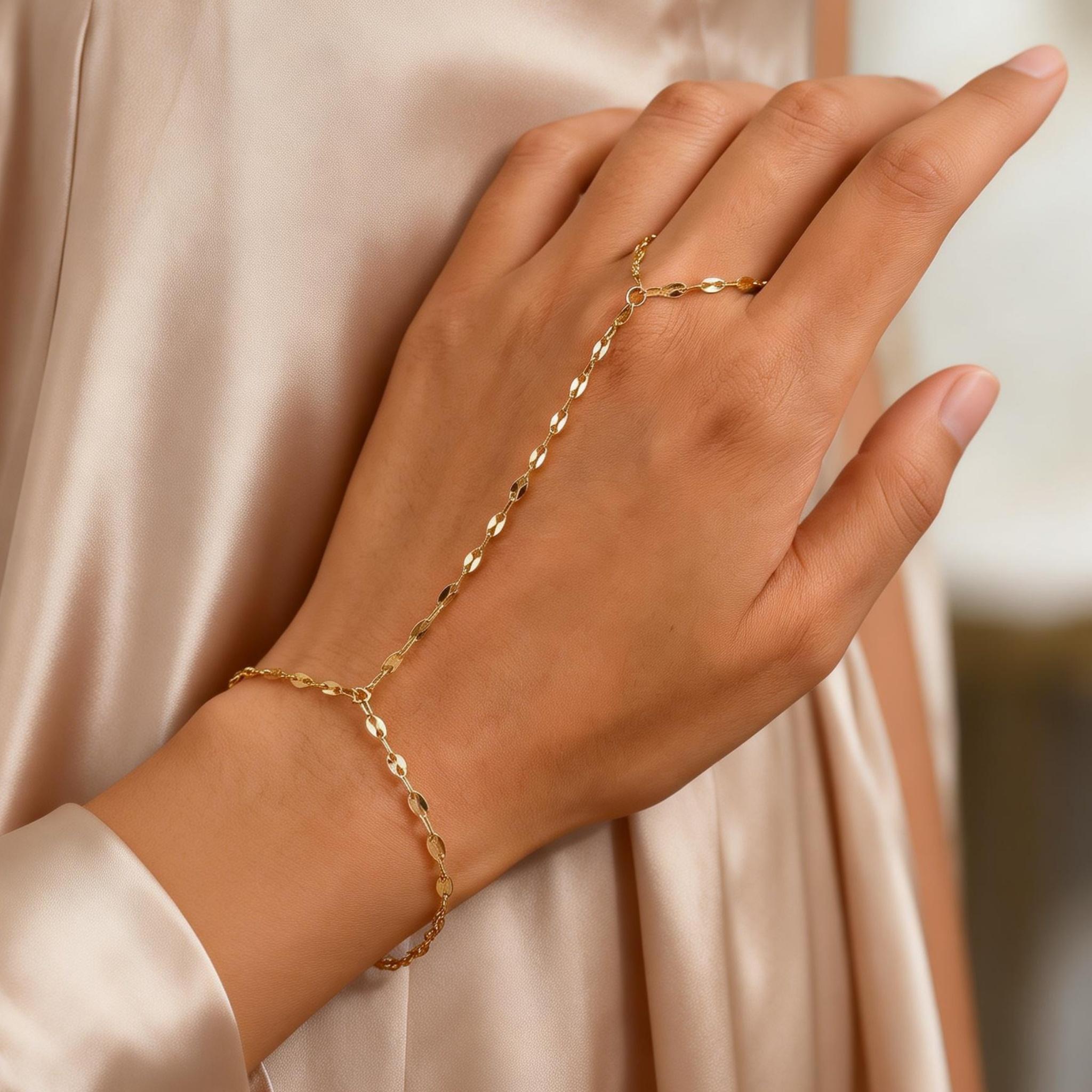 Luxury Minimalist Gold Plated Thin Chain Finger Ring Hand Chain Bracelets for Women, Party Elegant Stainless Steel Jewelry