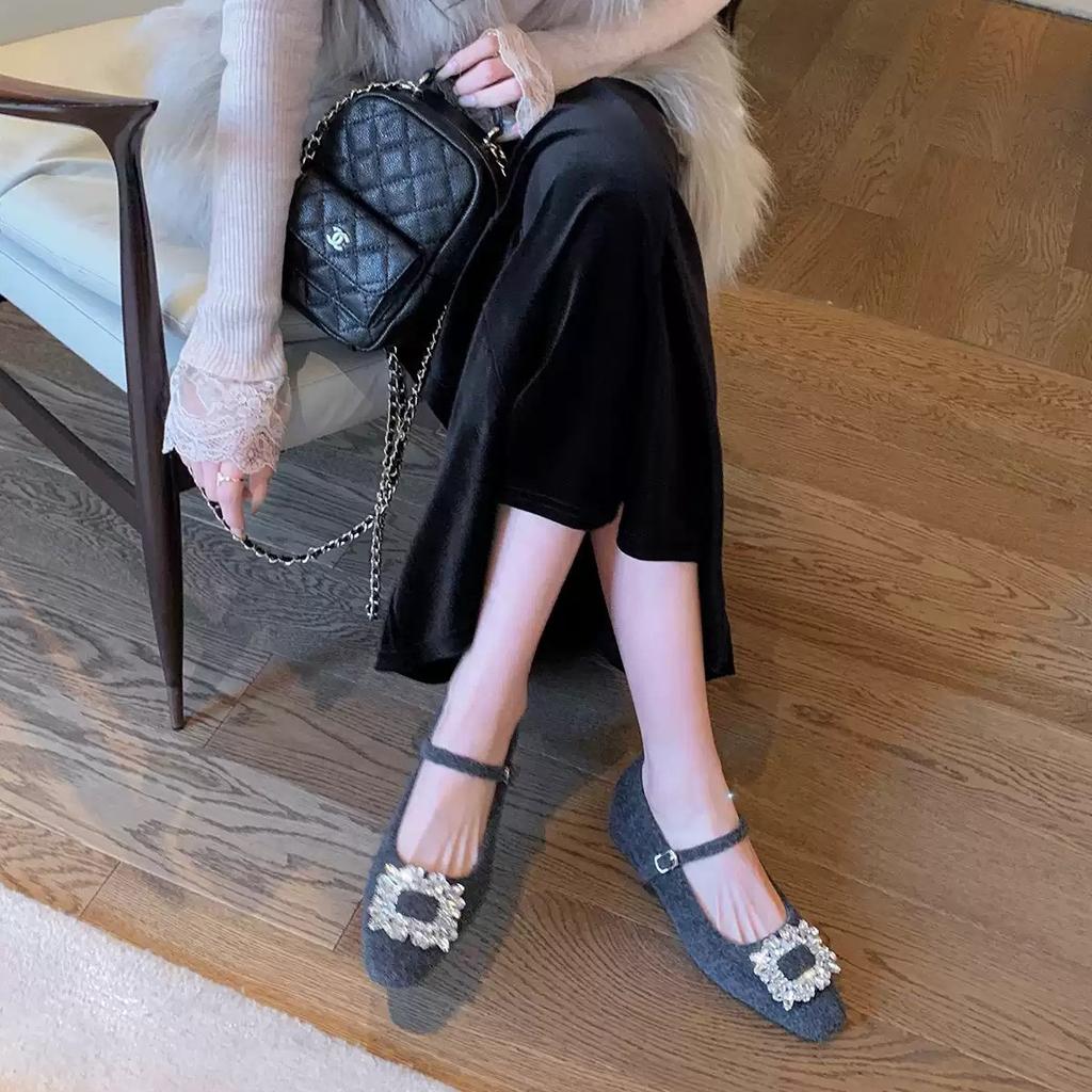 Grape Mother of the Same Style~ Diamond Buckle Small Square Head Velvet with Warm Woolen Thick Heel Mary Jane Single Shoes Women