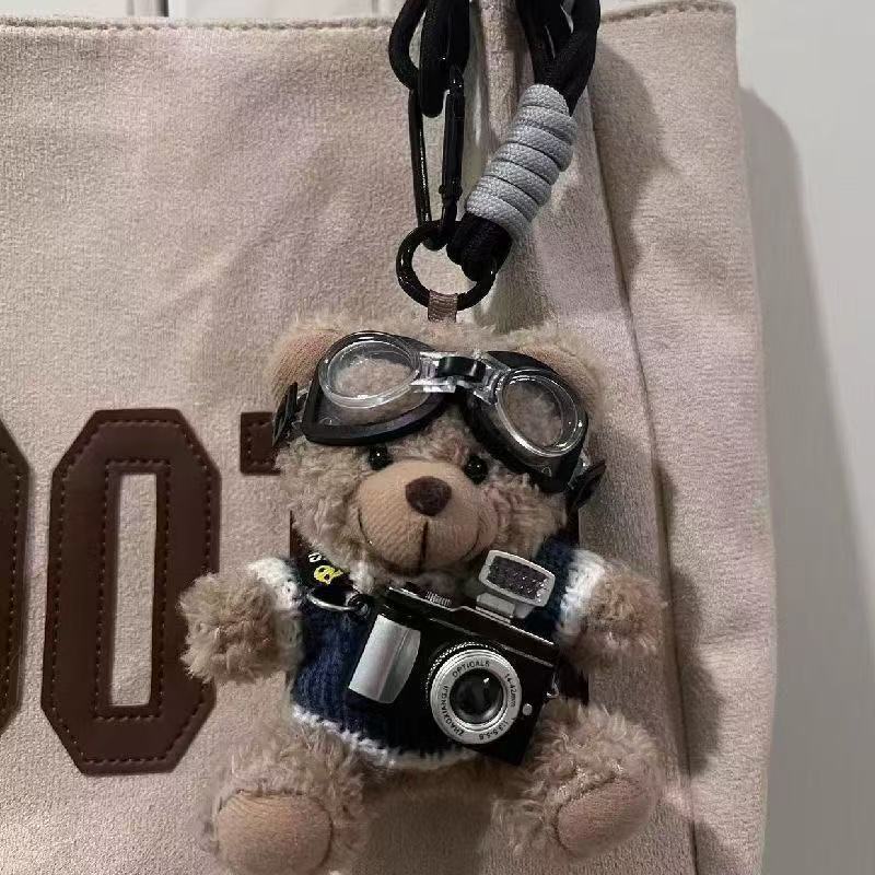 Cute Plush Brown Bear Keychain With Camera & Glasses Backpack Doll Pendants Couple Keyrings Handbag Charms Bag Accessories Set