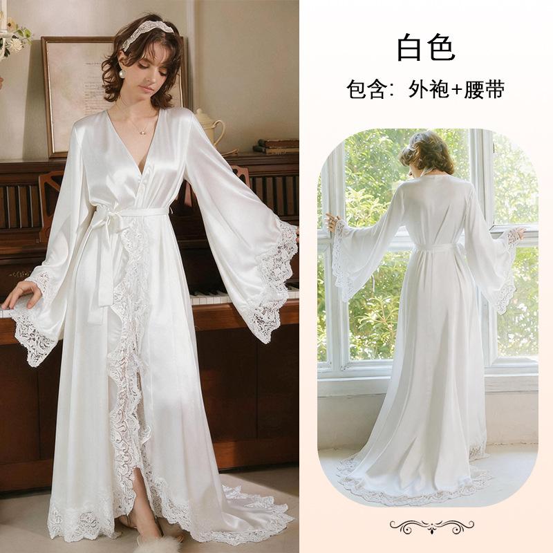 French light luxury bridal dress two-piece set, women's satin silver bow spaghetti strap long dress, loungewear 911+1111