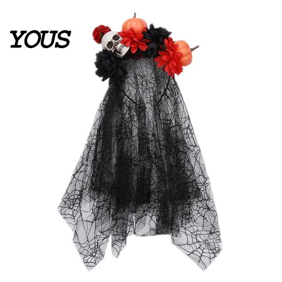 Halloween Party Hair Accessory Pumpkin Skull Floral Headband, Stable Hoop with 3D Artificial Costume Headband Flowers And Spiderweb Black Gauze Gothic