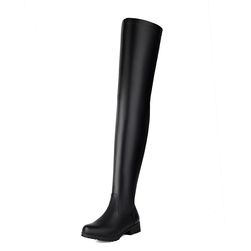 Krazing Pot Buty jesienno-zimowe PU na średnim obcasie, superrozmiar, buty typu stovepipe, okrągły nosek, utrzymujące ciepło, zamek błyskawiczny, rozmiar 48, buty za kolano