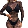 Women Long Sleeve Bodystocking Lingerie Leopard Fishnet Mesh Bodysuit Nightwear