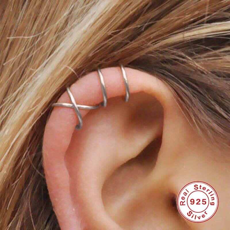 S925 Sterling Silver 3-Piece Set, Ear Clips, Double-Layer Without Ear Piercings, Trendy Lines, Couple Ear Buckles, Ear Jewelry, Simple Men And Women