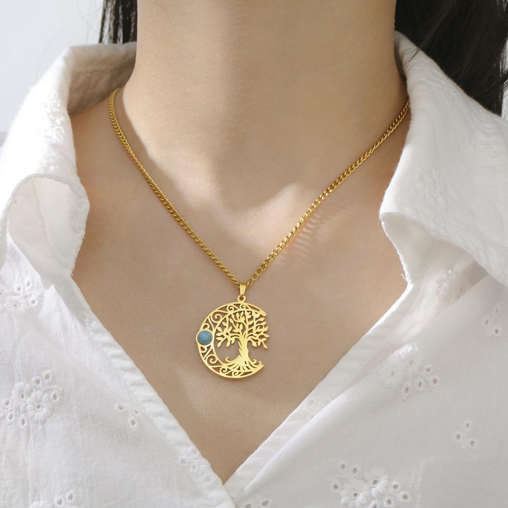 Dawapara Vintage Turquoise Crescent Moon Tree of Life Necklace Filigree Celtics Moon Wiccan Pendant Stainless Steel Jewelry