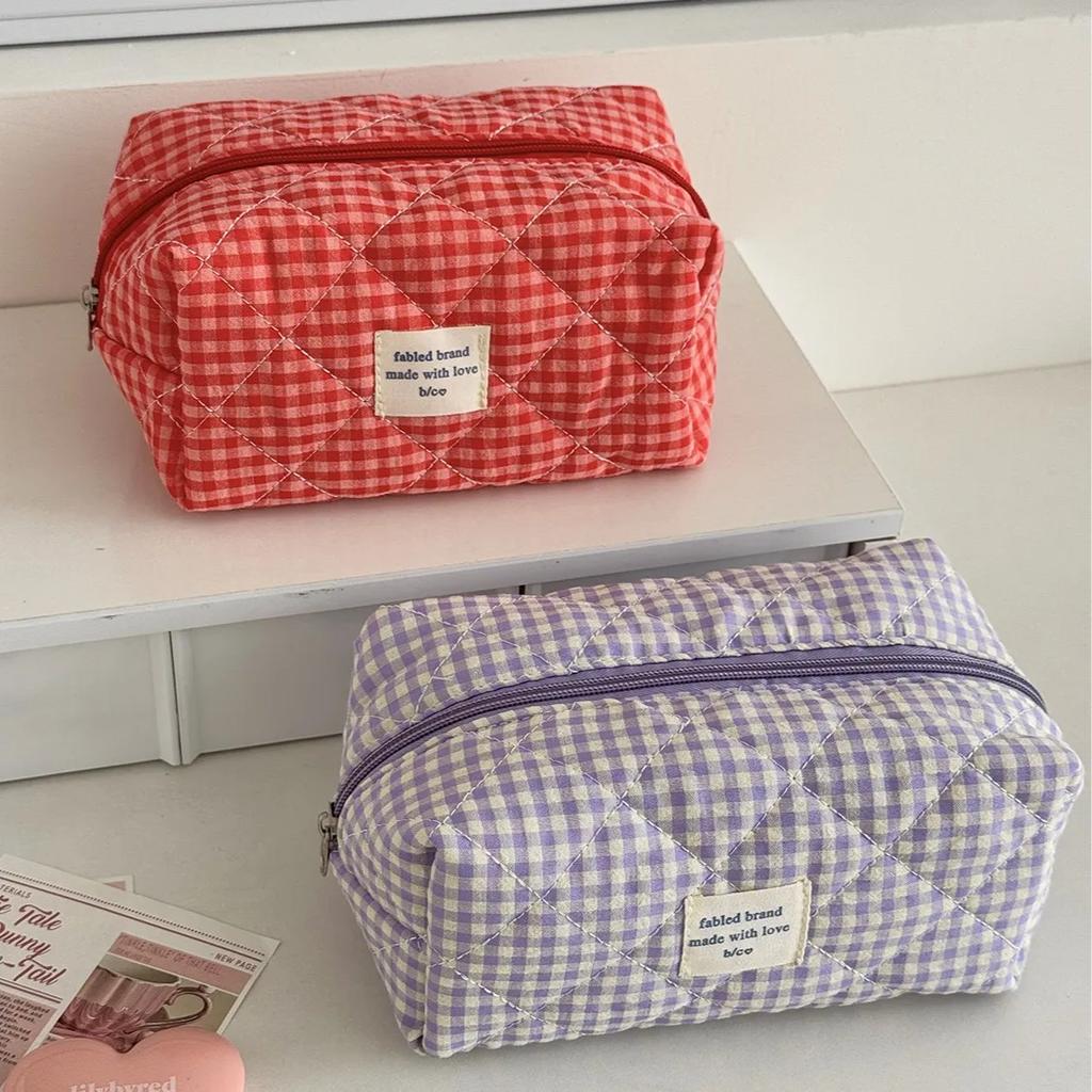 Quilted Cotton Ladies Small Storage Bags Purse Pillow Female Makeup Pouch Case Handbags Contrast Color Plaid Women Cosmetic Bag