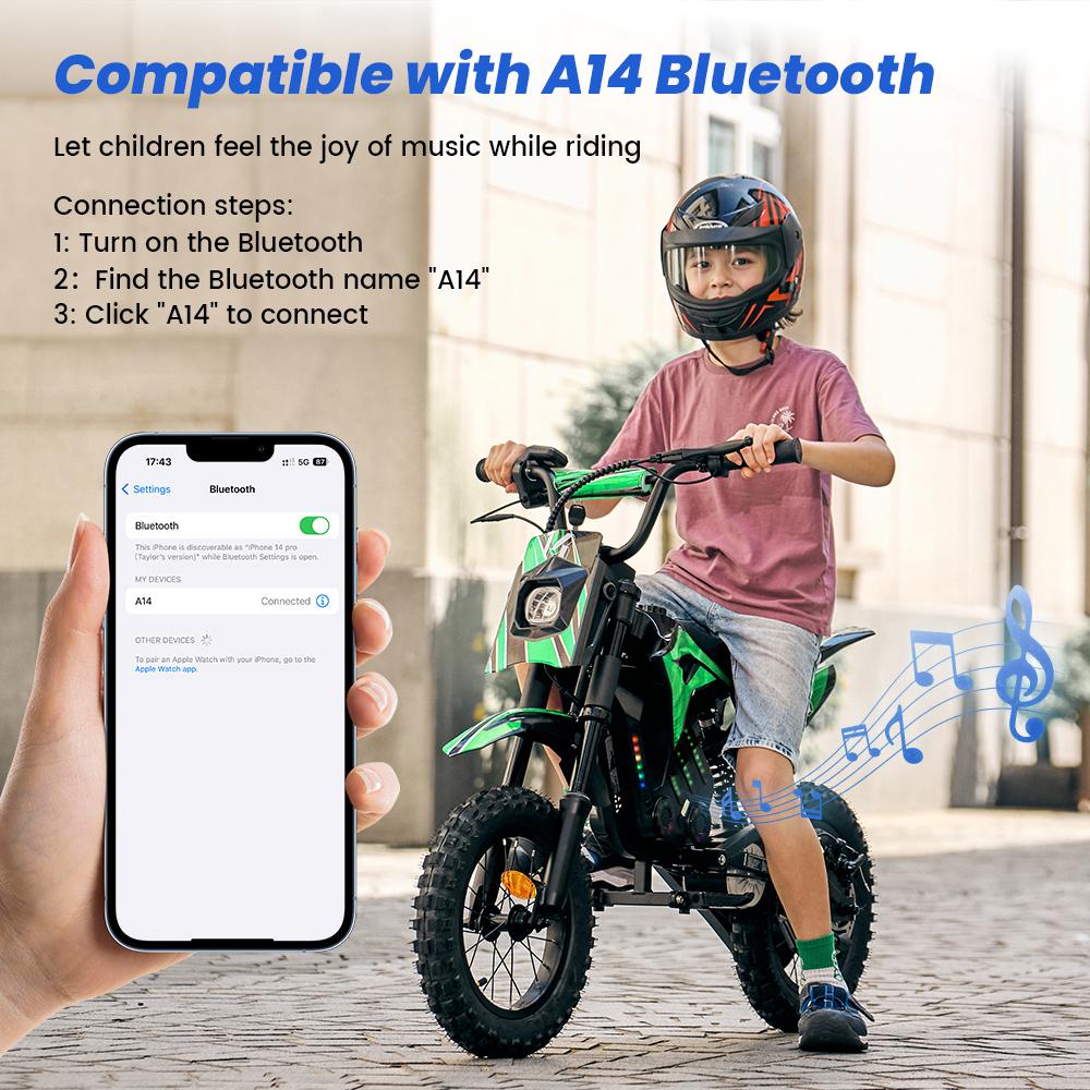 A14 Kids ELECTRIC DIRT BIKE 14 Inch 500W Motor 36V5.2Ah Battery 20-22km Range Shock Absorption, Bluetooth LED Lights