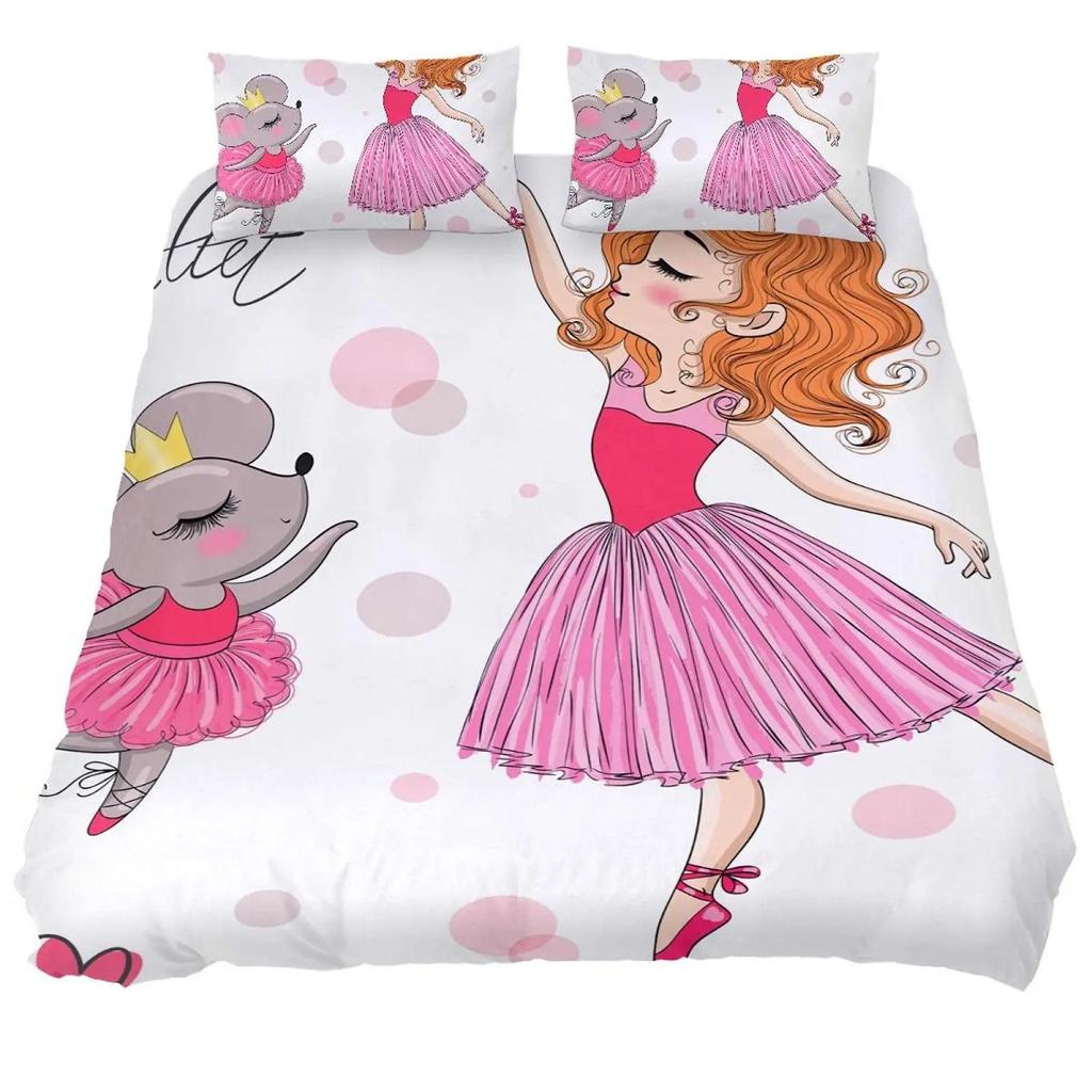Carino Set Biancheria da Letto Principessa Ballerina Bambine Bambini 3 Pezzi Copripiumino Rosa Regalo di Compleanno per Bambine Decorazione Camera da Letto Misura Queen