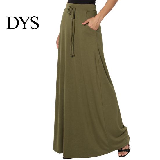 Long Skirt Women Maxi Adjustable Drawstring High-Waisted Solid Color Casual with Pockets Work