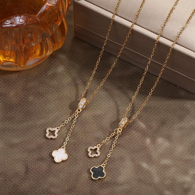 Korean Light Luxury Tassel Mother-of-Pearl Clover Pendant Diamond Necklace for Women - Versatile High-End Clavicle Jewelry