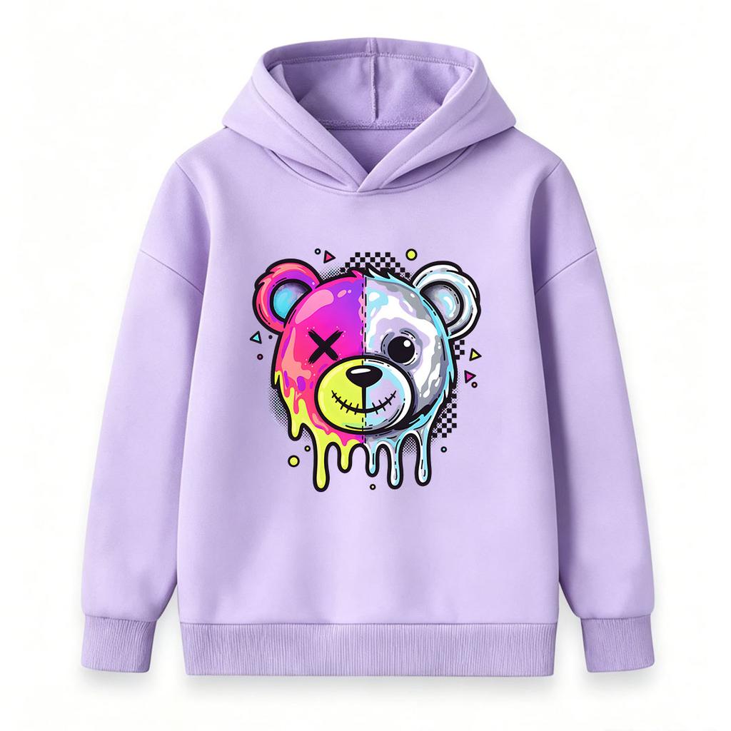 Kids Boys Girls Pullover Hoodie, Neon Dripping Split Bear Print Casual Long Sleeve Hooded Sweatshirt, Fashion Streetwear Top For Children