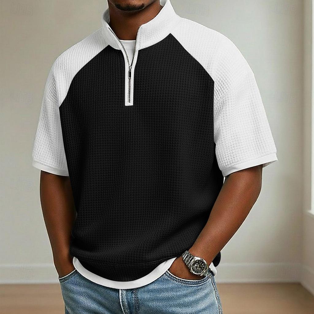 Men's Stand Collar Half Zipper Raglan Sleeve Color Block Casual Short-Sleeve Top