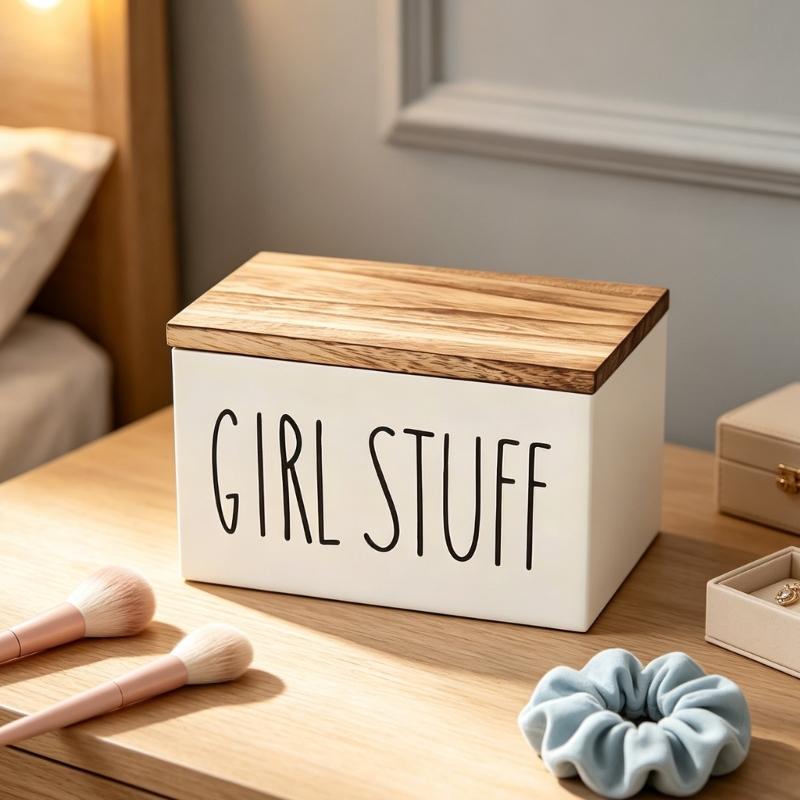 Storage Bin with Lid and Wood-Look Top, Rectangular Covered Storage Case for Tabletop Home Storage and Shelf Order