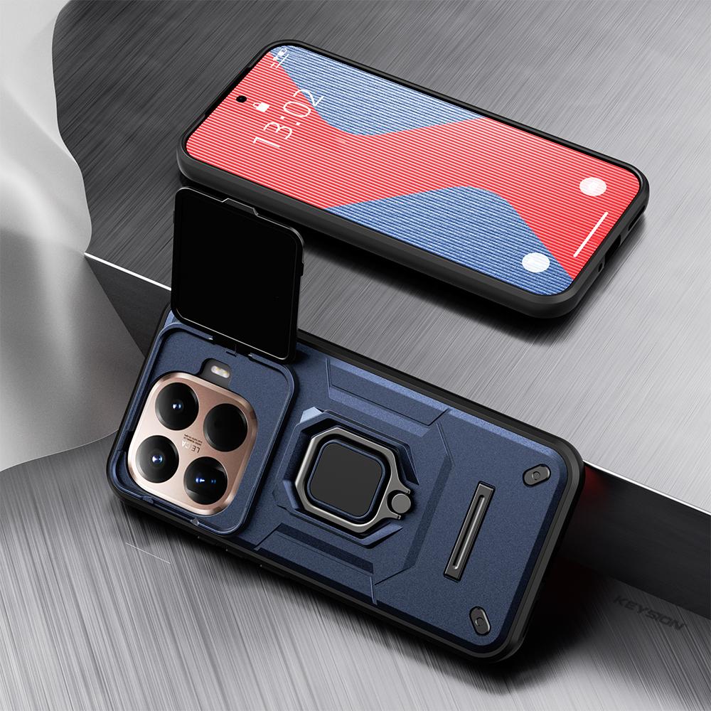 KEYSION Shockproof Armor Case for Xiaomi 15T Pro 5G Slide Camera Protection Metal Ring Stand Phone Back Cover for Xiaomi 15T 5G