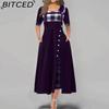 BITCED Women Fashion Casual Irregular Plaid Button Print Maxi Short Sleeve O-Neck Plus Size Party Dress
