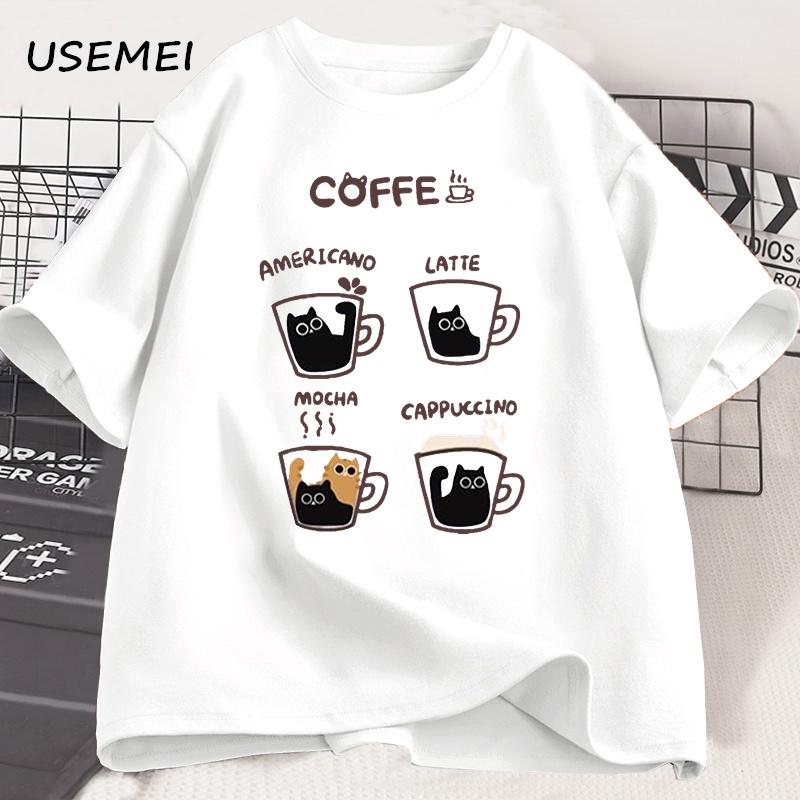 Cartoon Coffee Cat T-Shirts Men Women Summer Harajuku Kawaii Cat Printed Short Sleeve Tees Funny Streetwear Loose Clothes