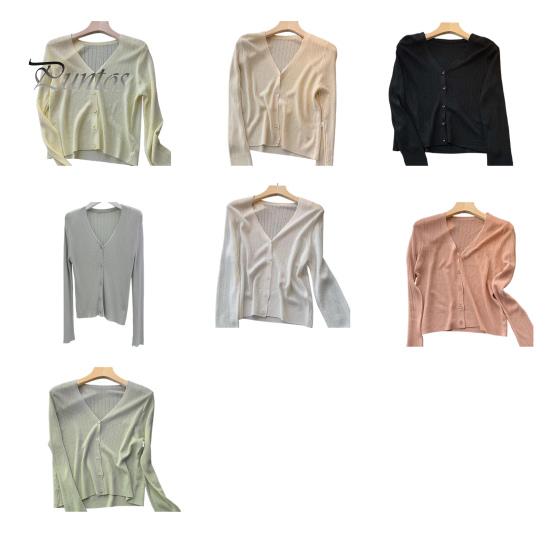 Sun Knit Cardigan for Women Long Sleeve V-Neck Button Up Thin Ice Silk Coat Summer Ribbed Cropped Top for Outdoor Travel Work Beach