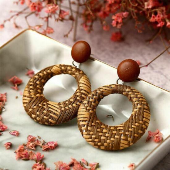 Wood Earrings Jewelry Bamboo Dangle Geometric Rattan Circle Women 2024 Fashion