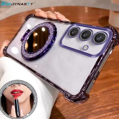 Glitter Mirror Holder Case For Samsung S25FE A56 A36 A17 A07 A26 A25 A55 A54 A35 A34 A15 A14 A73 A06 Shockproof Stand Soft Cover
