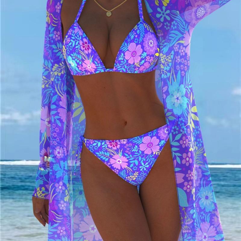 Three-piece Swimsuit with Sunscreen Cover, Trendy Beach Swimsuit Three-piece Set