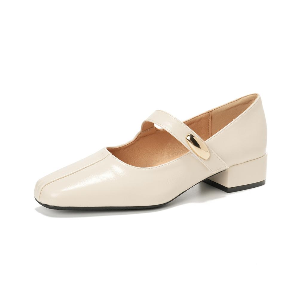 French square head lazy person with one pedal, shallow mouth commuting single shoes, minimalist style, small golden beans with thick heels, Mary Jane