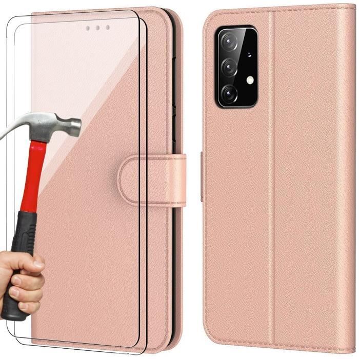 Coque de protection - BOOLING - pour Samsung Galaxy A23 5G - Effet cuir rose - Antichoc - 2 verres trempés inclus